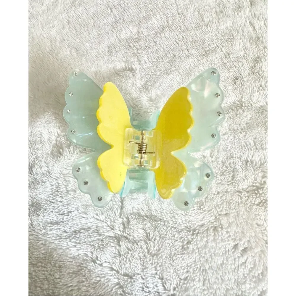 Yellow Light blue rhinestone butterfly hair claw